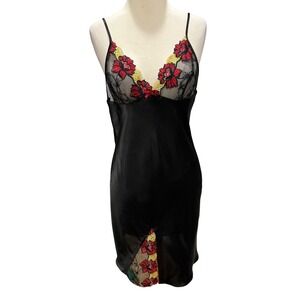 Jasmin Y2K Satin Slip Dress Small Black Red Floral Embroidery Nightwear Lingerie